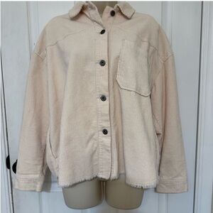 Zara Beige Corduroy Shacket Button Front Frayed Hem Size M